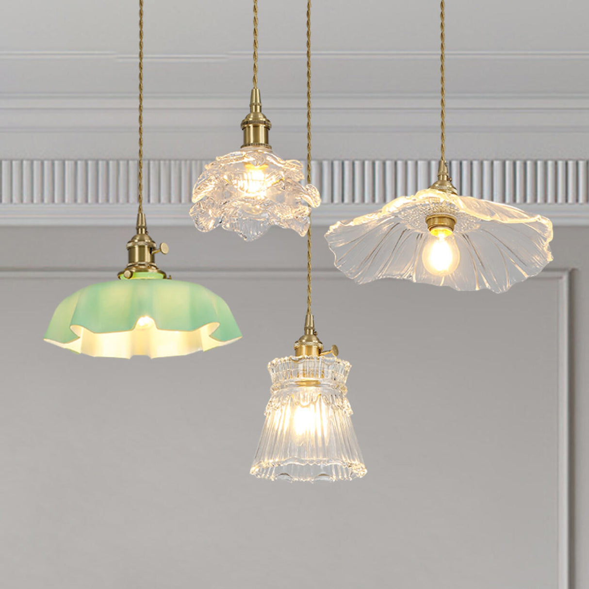 Vintage Brass Green Floral Glass Pendant Light Image - 13