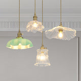 Vintage Brass Green Floral Glass Pendant Light Image - 13