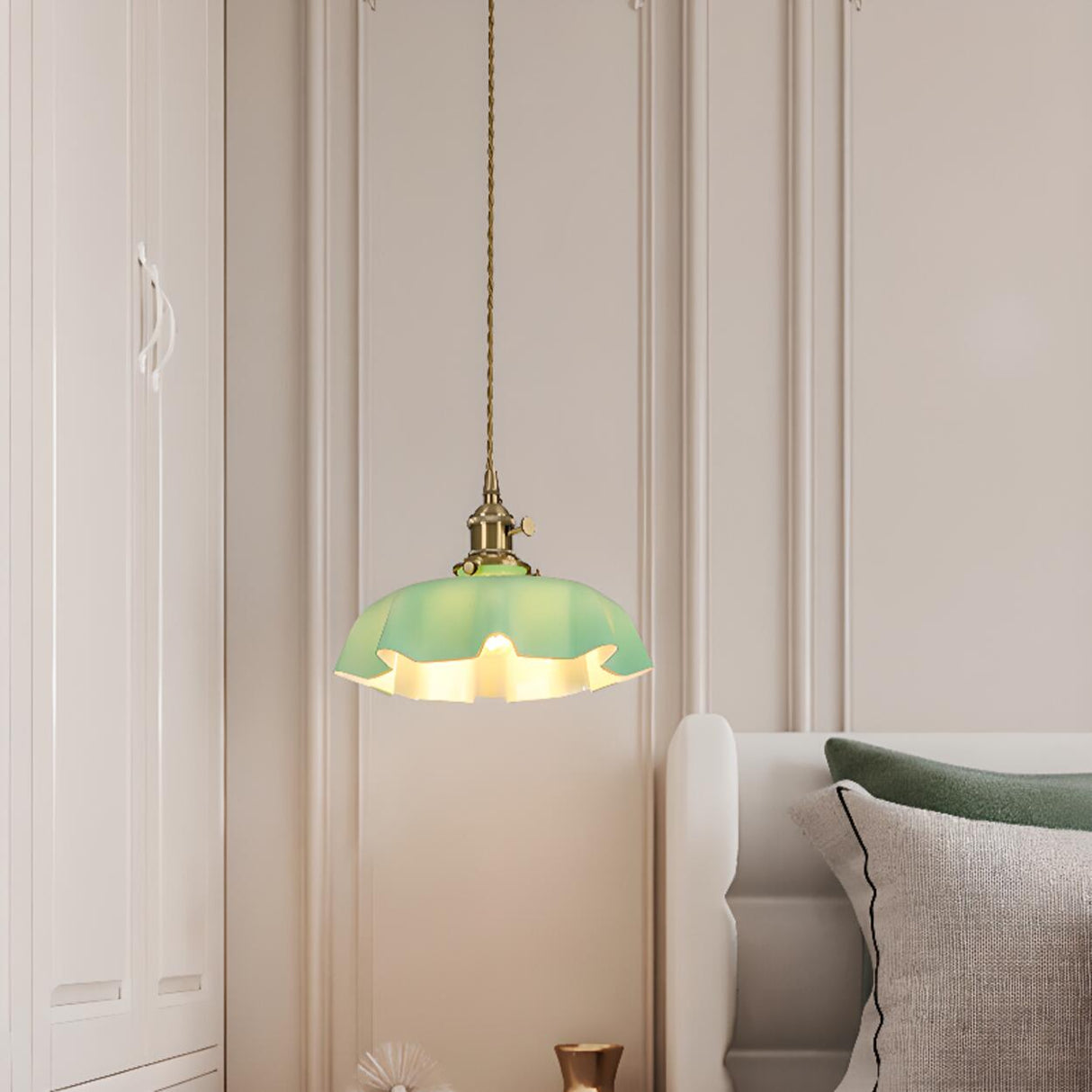 Vintage Brass Green Floral Glass Pendant Light Image - 3