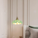 Vintage Brass Green Floral Glass Pendant Light Image - 3