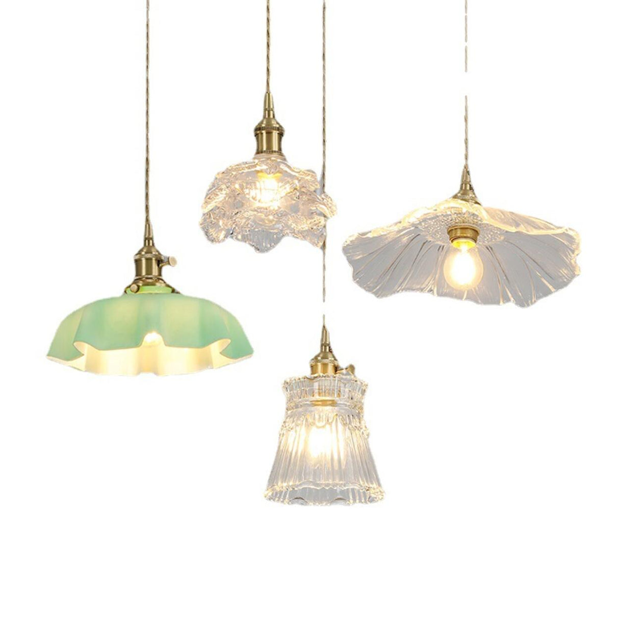 Vintage Brass Green Floral Glass Pendant Light Image - 5