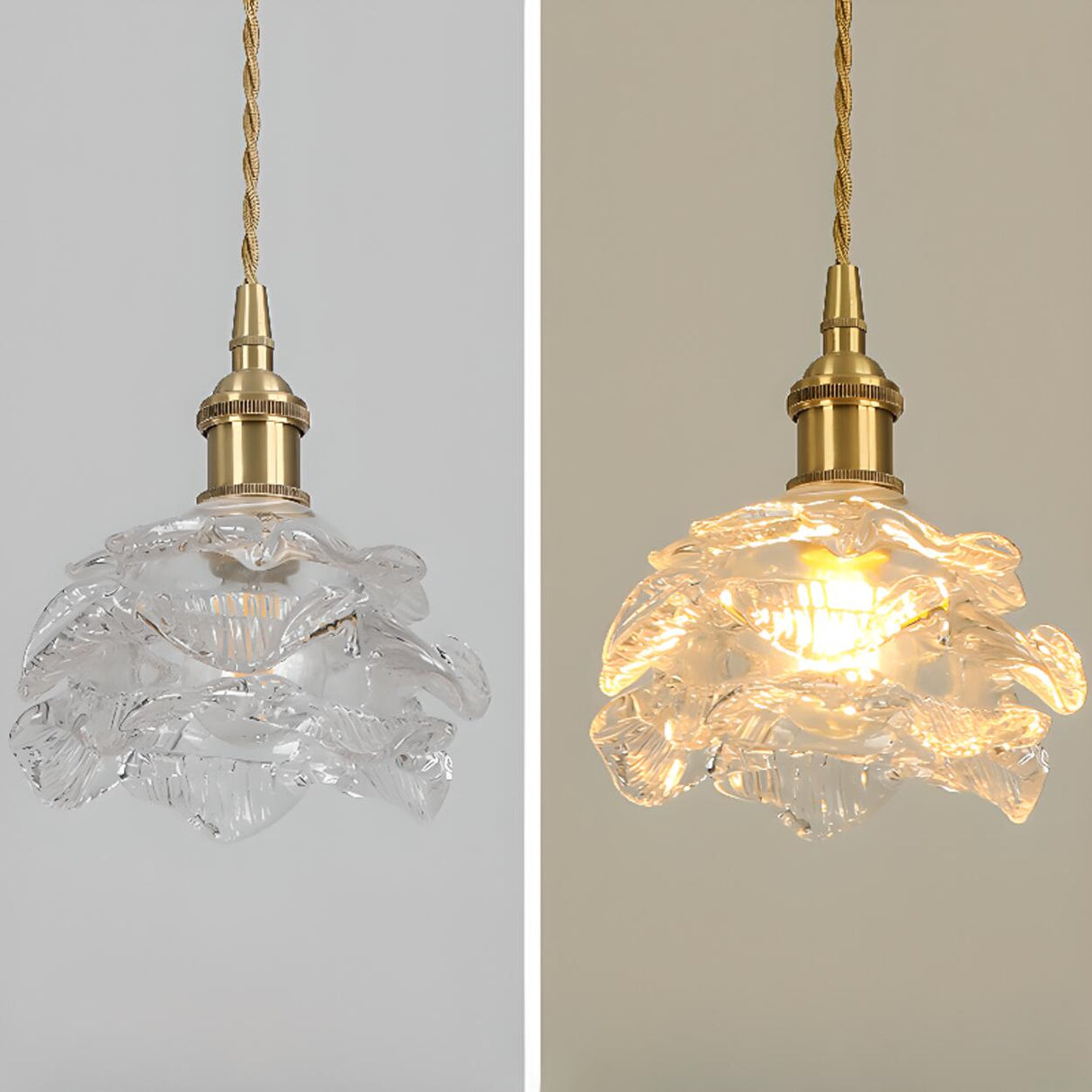 Vintage Brass Green Floral Glass Pendant Light Image - 8