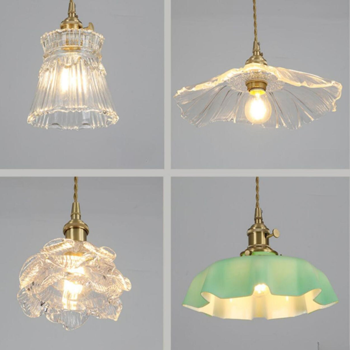Vintage Brass Green Floral Glass Pendant Light Image - 9