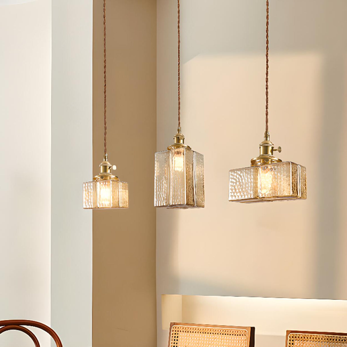 Vintage Brass Textured Glass Geometric Pendant Light Image - 1