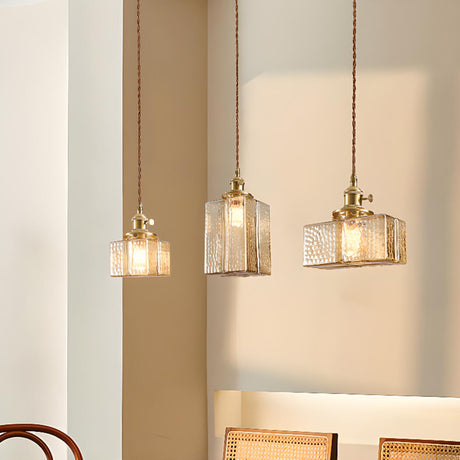 Vintage Brass Textured Glass Geometric Pendant Light Image - 1