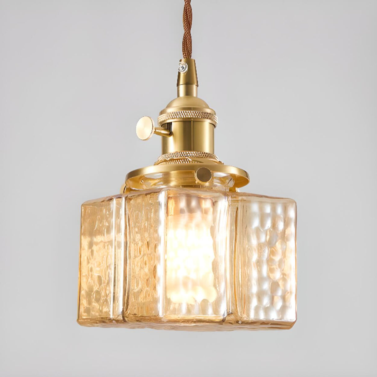 Vintage Brass Textured Glass Geometric Pendant Light Image - 10