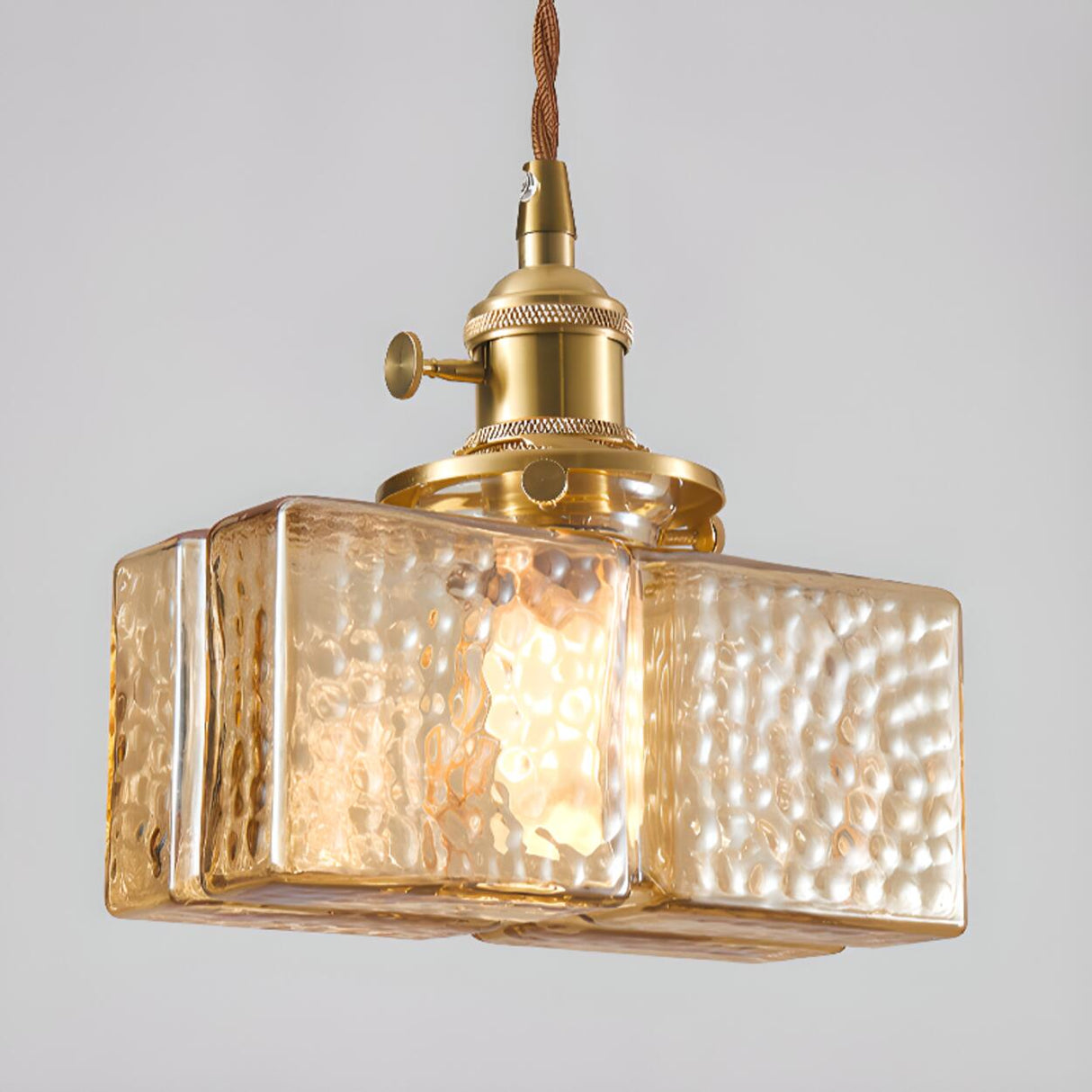 Vintage Brass Textured Glass Geometric Pendant Light Image - 11