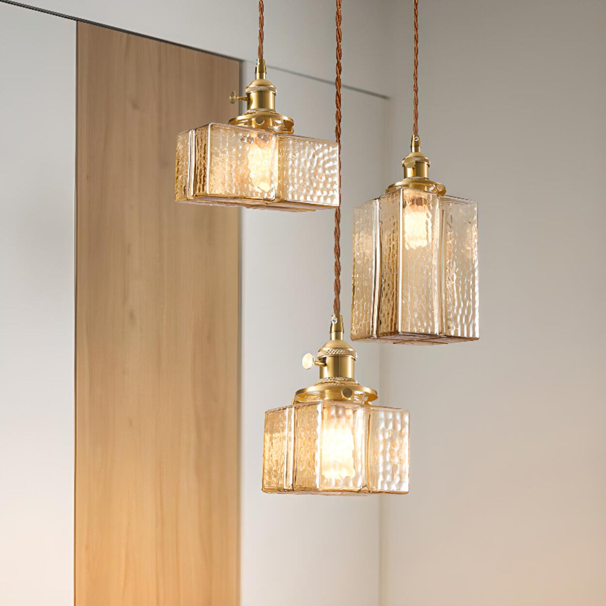 Vintage Brass Textured Glass Geometric Pendant Light Image - 4