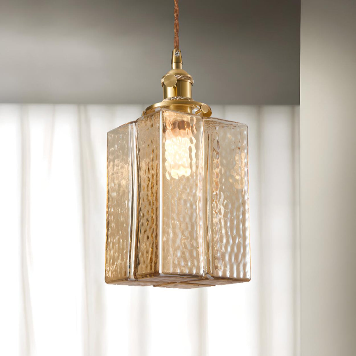 Vintage Brass Textured Glass Geometric Pendant Light Image - 5