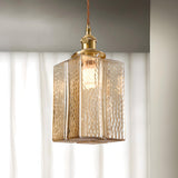 Vintage Brass Textured Glass Geometric Pendant Light Image - 5