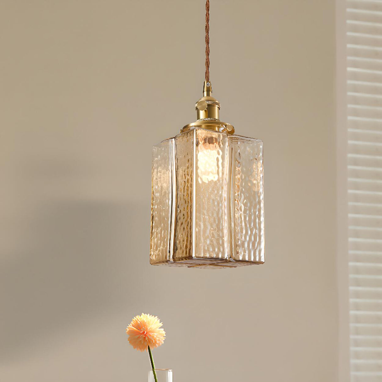 Vintage Brass Textured Glass Geometric Pendant Light Image - 6