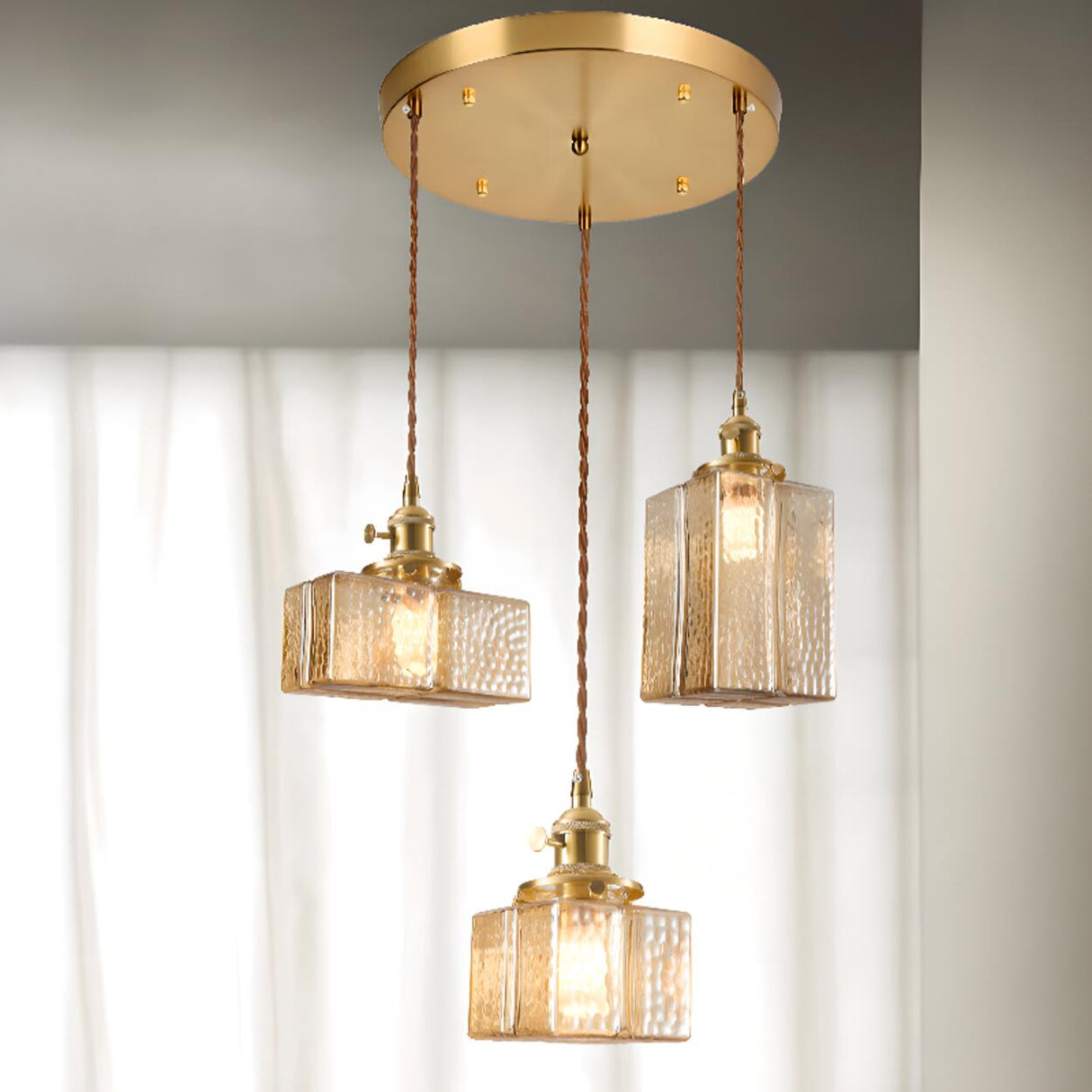 Vintage Brass Textured Glass Geometric Pendant Light Image - 7
