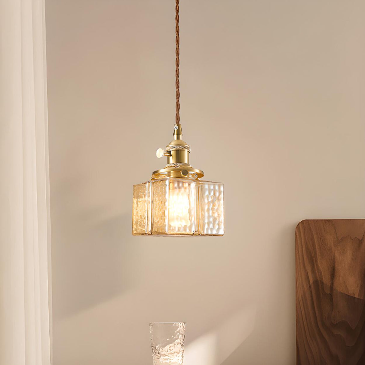 Vintage Brass Textured Glass Geometric Pendant Light Image - 8