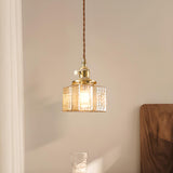 Vintage Brass Textured Glass Geometric Pendant Light Image - 8