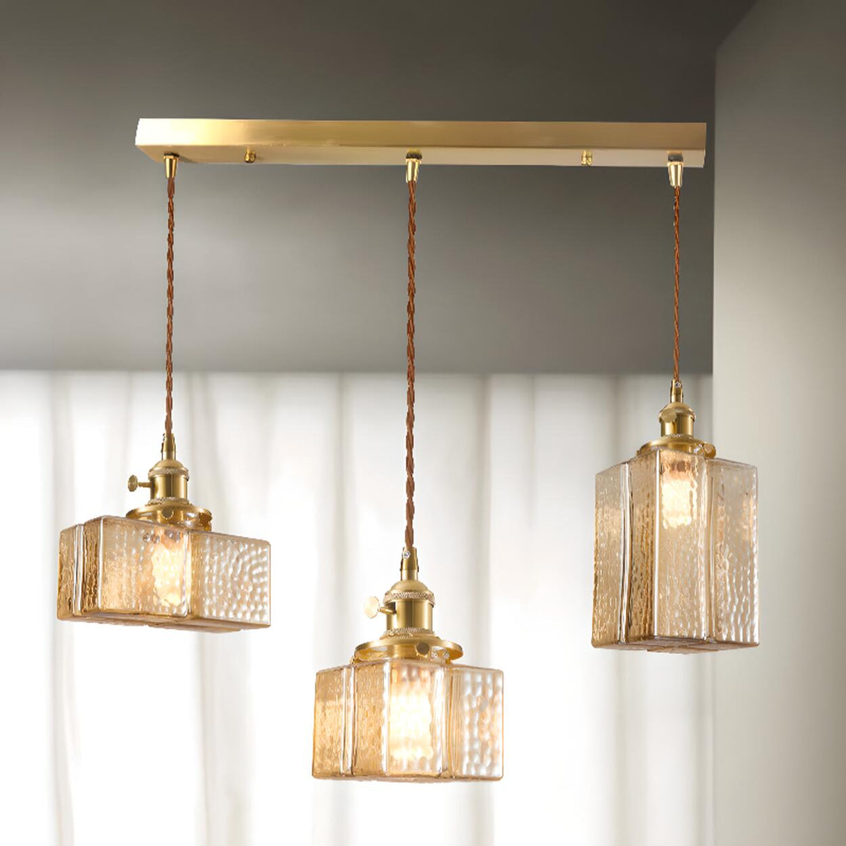 Vintage Brass Textured Glass Geometric Pendant Light Image - 9
