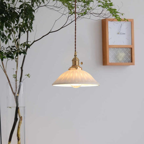 Vintage Brass White Ceramic Dome Pendant Light Image - 1