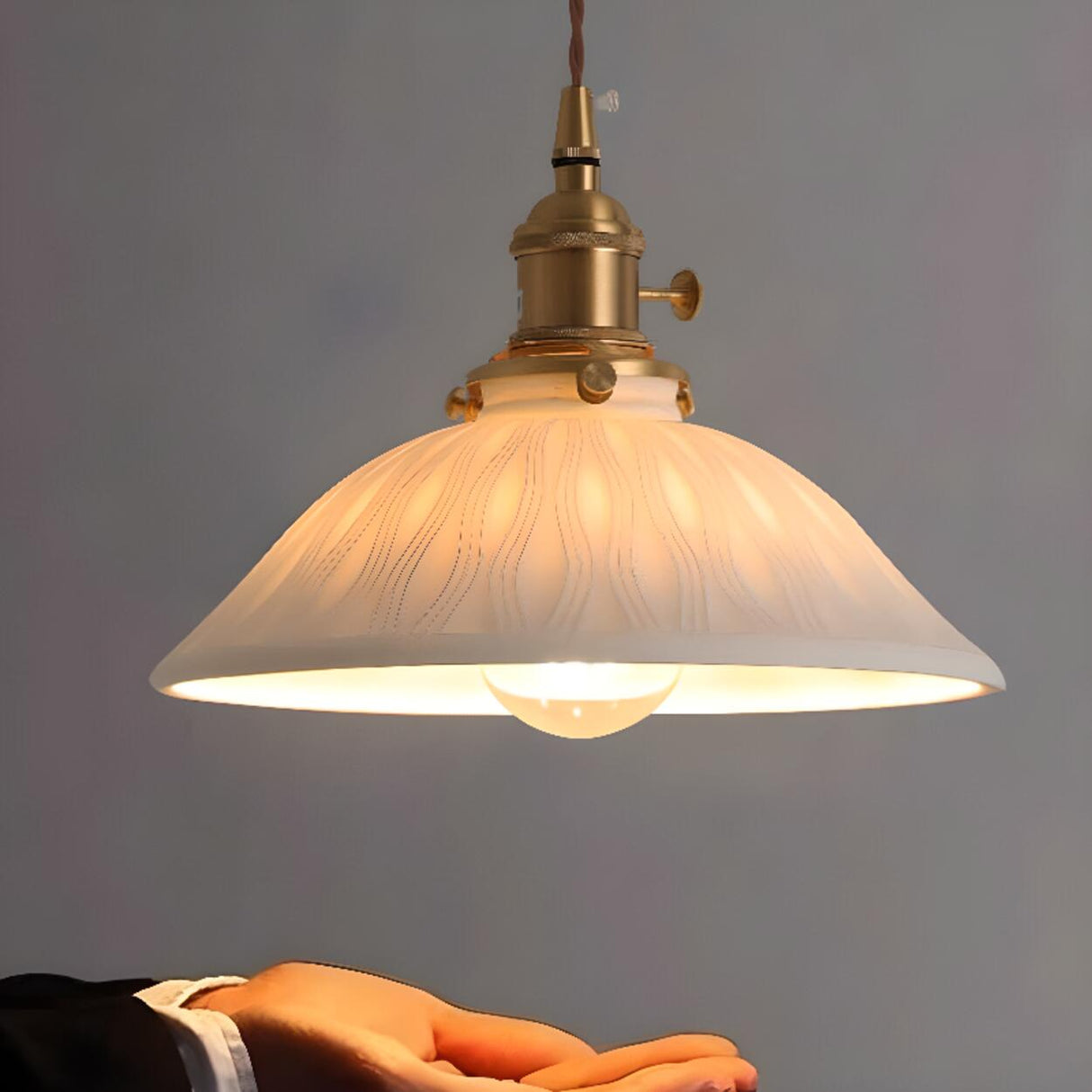 Vintage Brass White Ceramic Dome Pendant Light Image - 10