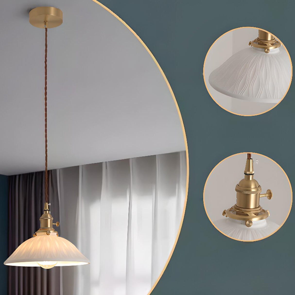 Vintage Brass White Ceramic Dome Pendant Light Image - 11