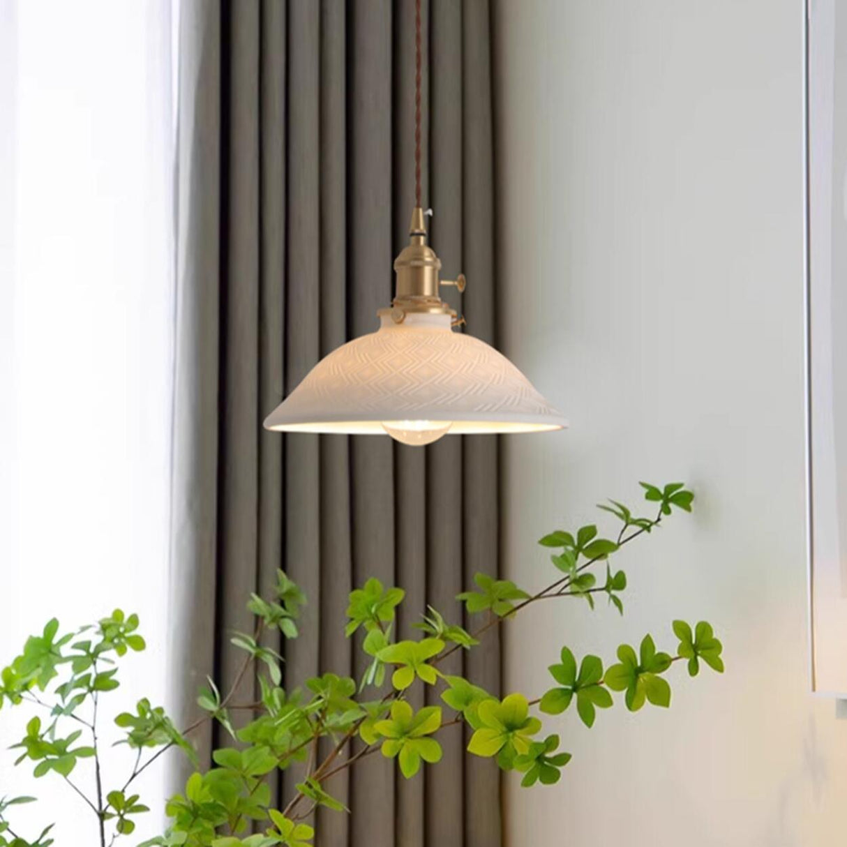 Vintage Brass White Ceramic Dome Pendant Light Image - 16