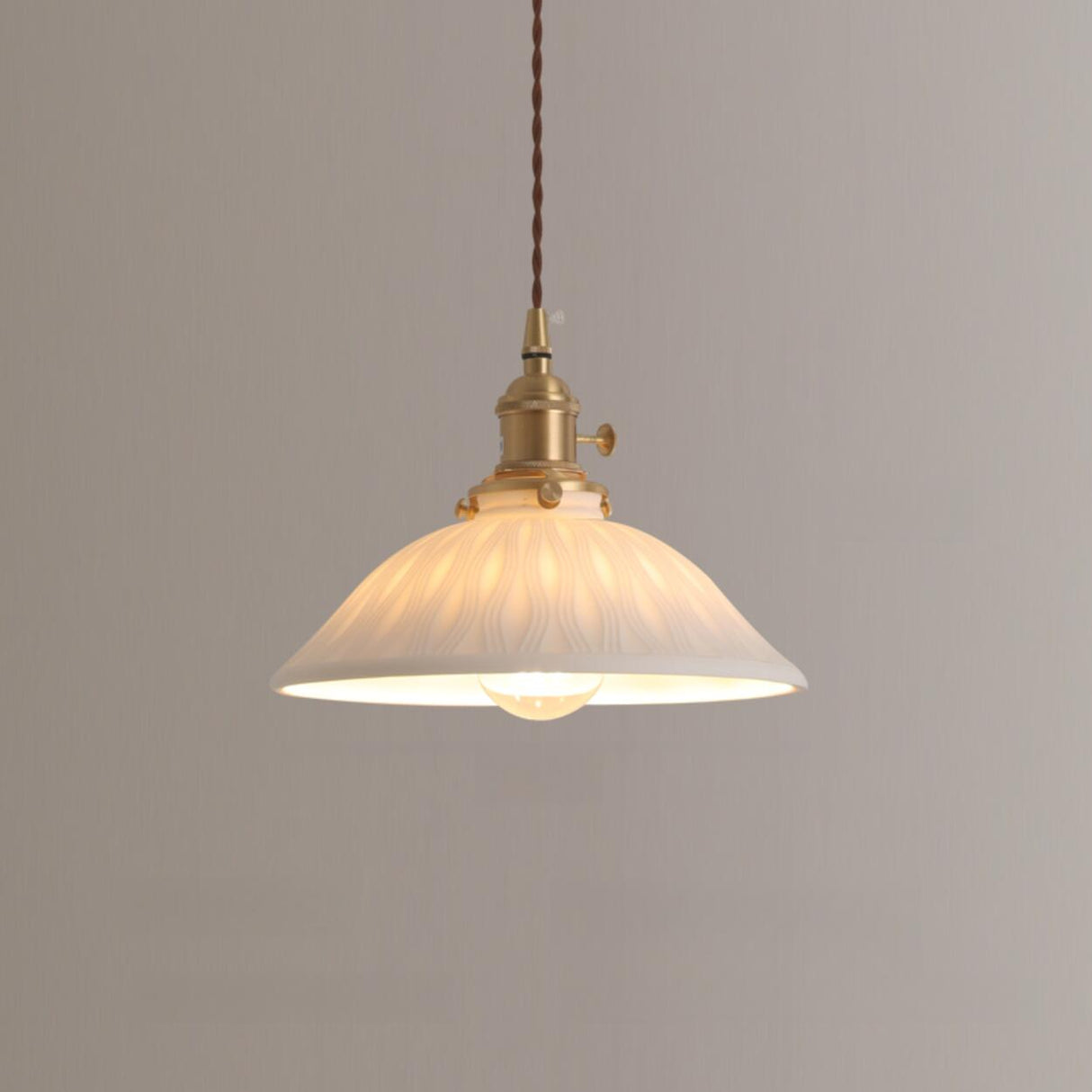 Vintage Brass White Ceramic Dome Pendant Light Image - 3