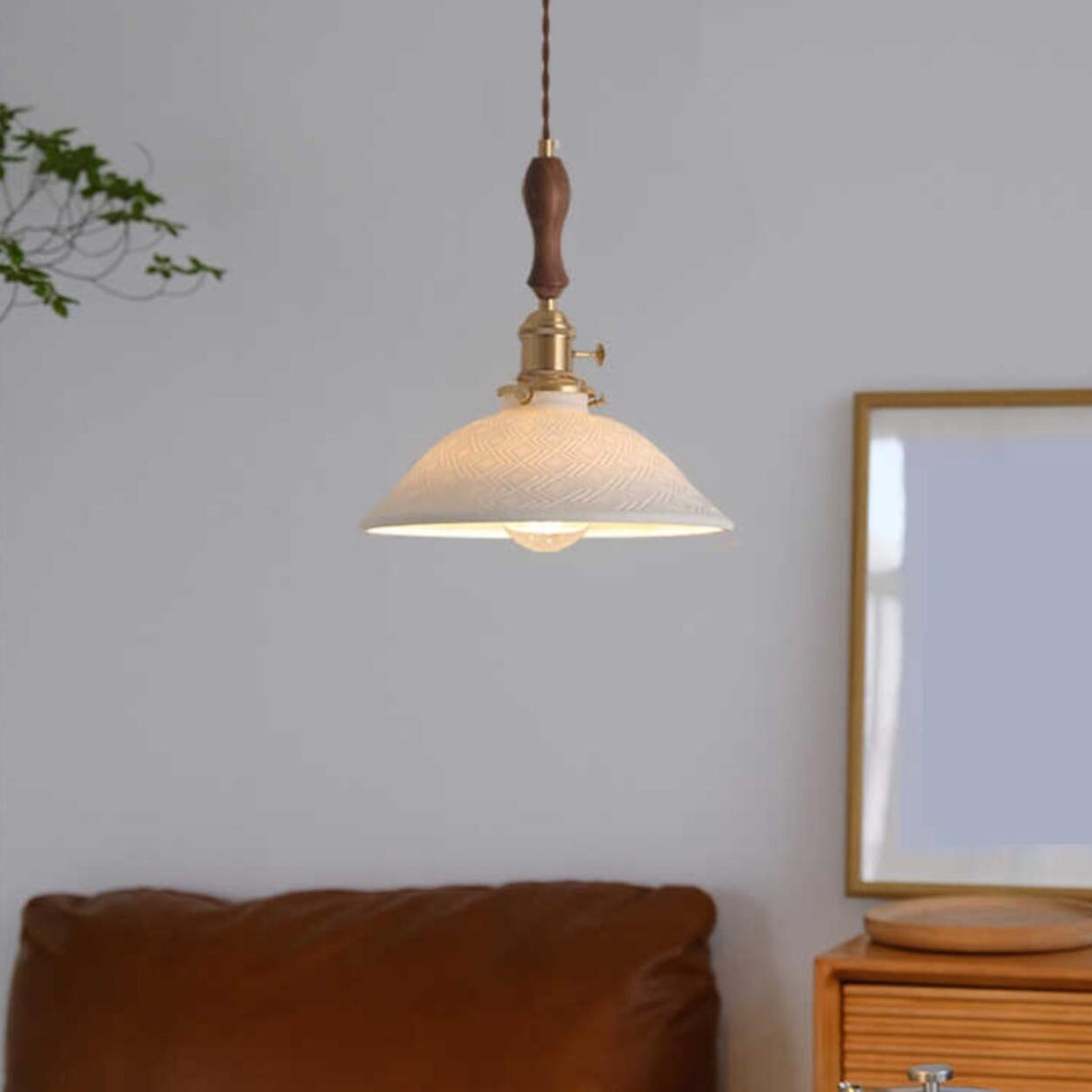Vintage Brass White Ceramic Dome Pendant Light Image - 4