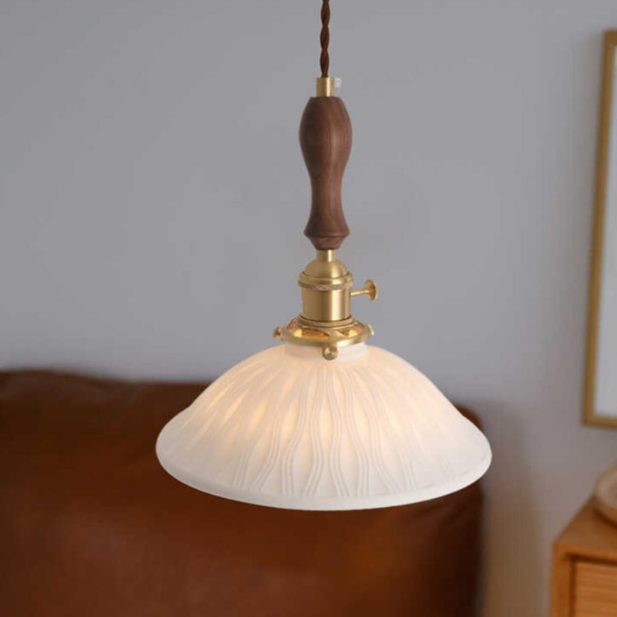 Vintage Brass White Ceramic Dome Pendant Light Image - 6