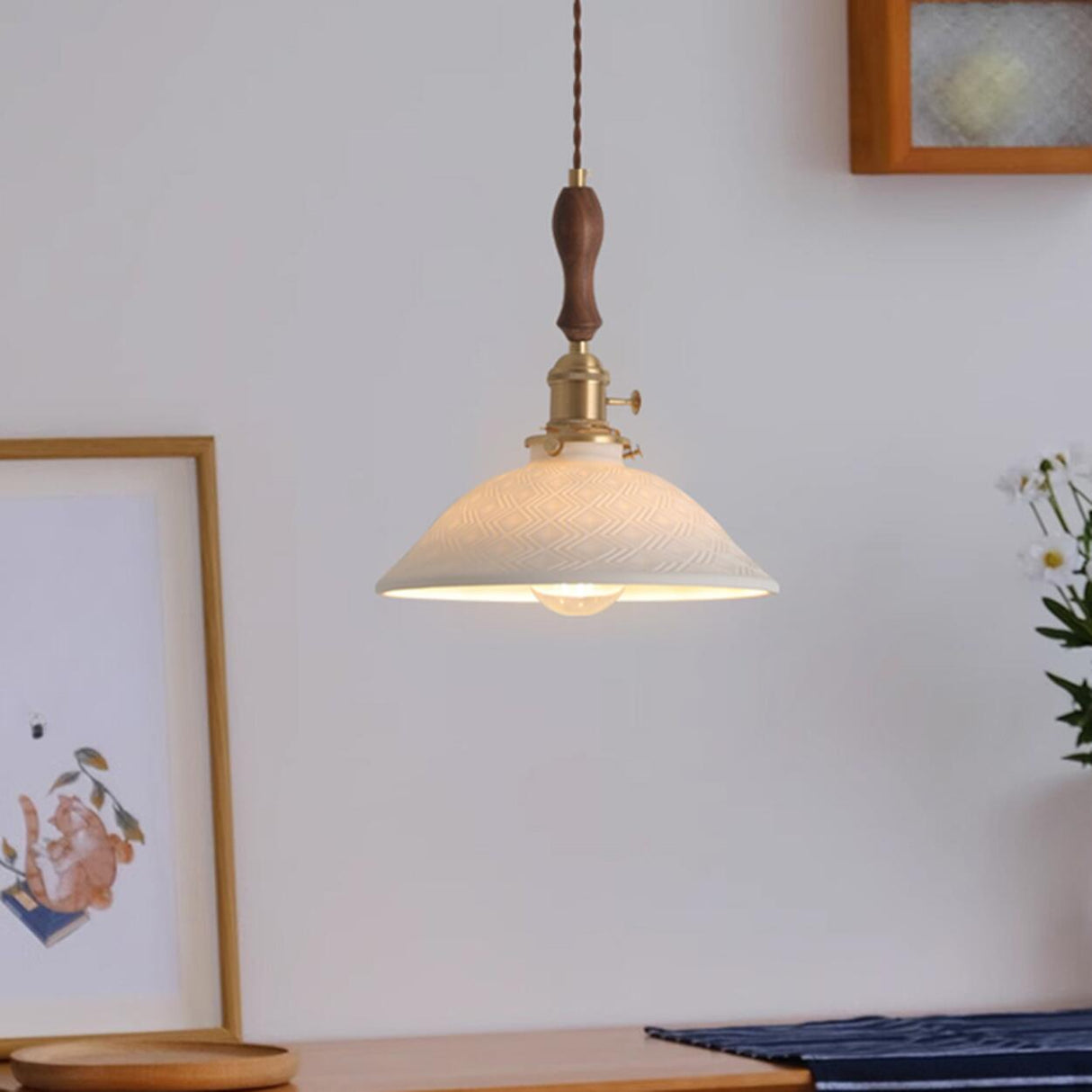 Vintage Brass White Ceramic Dome Pendant Light Image - 9