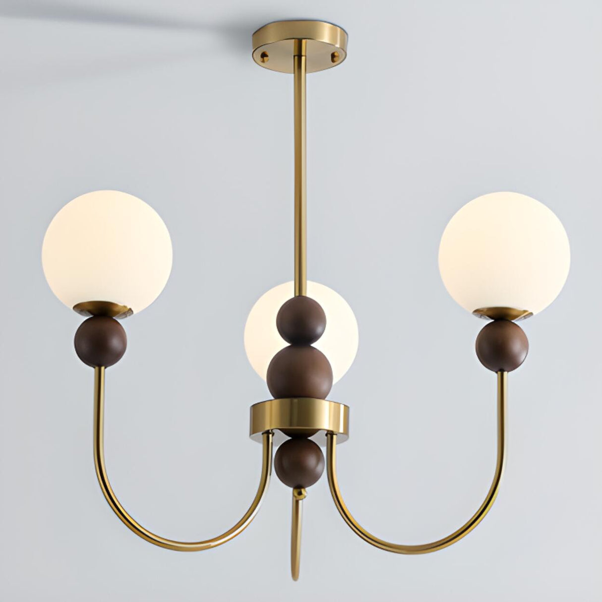 Vintage Brass Wood White Glass Globe 8-Light Chandelier Image - 10