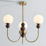 Vintage Brass Wood White Glass Globe 8-Light Chandelier Image - 10