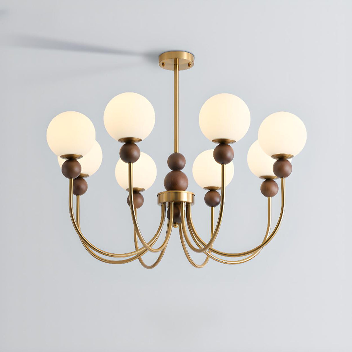 Vintage Brass Wood White Glass Globe 8-Light Chandelier Image - 11