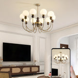 Vintage Brass Wood White Glass Globe 8-Light Chandelier Image - 14