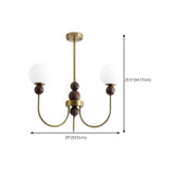 Vintage Brass Wood White Glass Globe 8-Light Chandelier #size