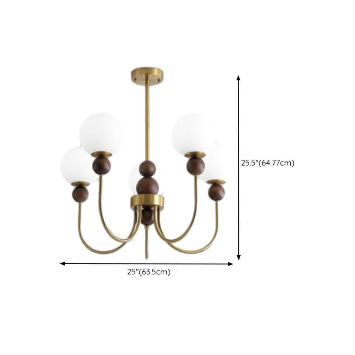 Vintage Brass Wood White Glass Globe 8-Light Chandelier Image - 16