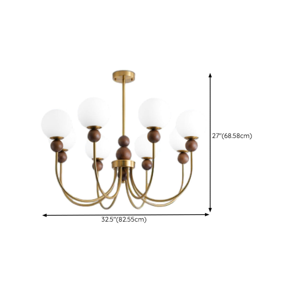 Vintage Brass Wood White Glass Globe 8-Light Chandelier Image - 17