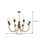 Vintage Brass Wood White Glass Globe 8-Light Chandelier Image - 17