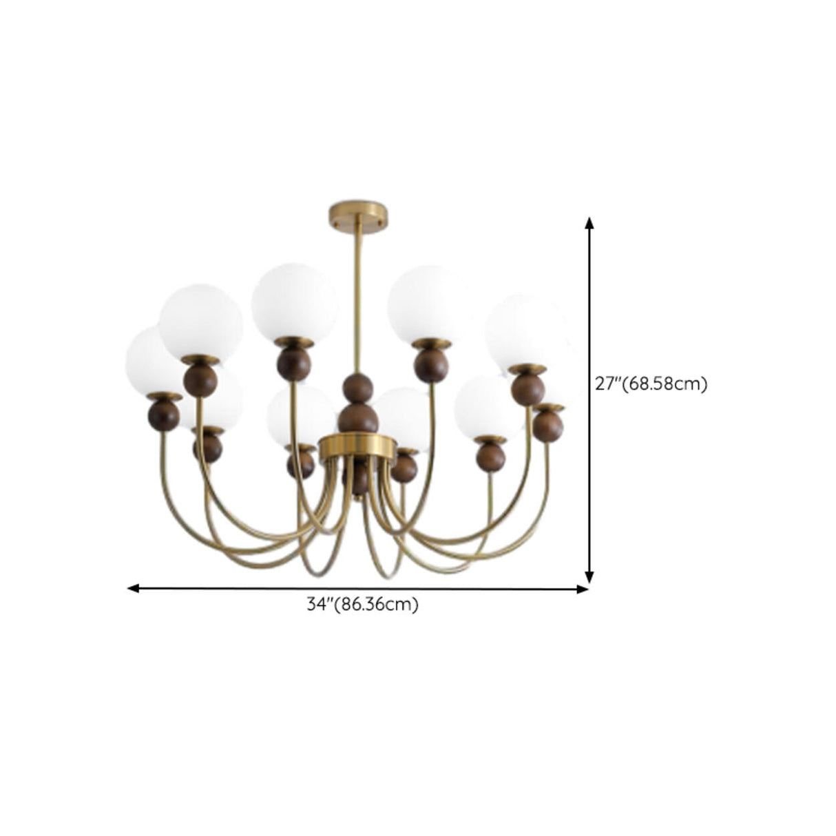 Vintage Brass Wood White Glass Globe 8-Light Chandelier Image - 18