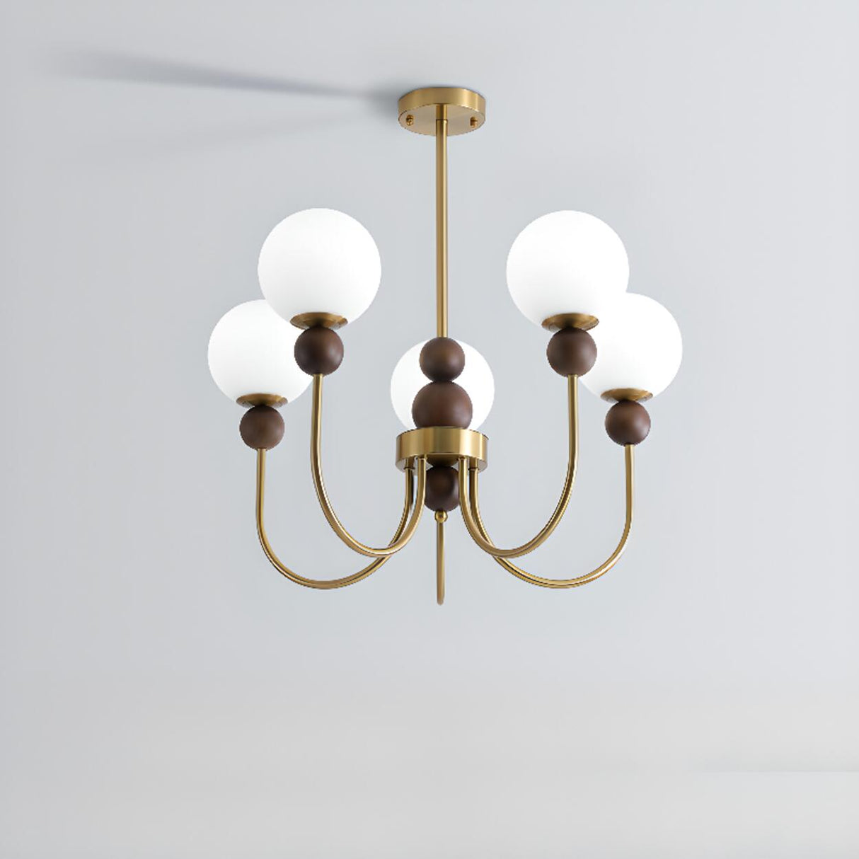 Vintage Brass Wood White Glass Globe 8-Light Chandelier Image - 3