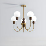 Vintage Brass Wood White Glass Globe 8-Light Chandelier Image - 3