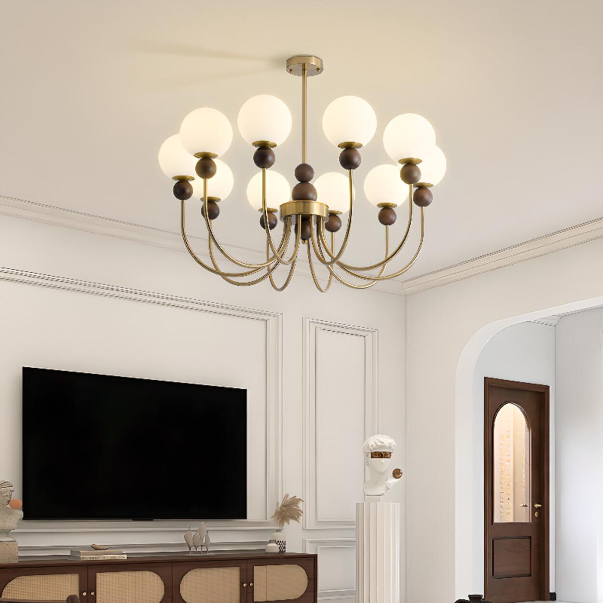 Vintage Brass Wood White Glass Globe 8-Light Chandelier Image - 4