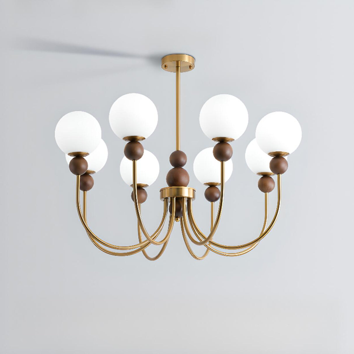 Vintage Brass Wood White Glass Globe 8-Light Chandelier Image - 5