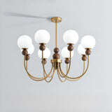Vintage Brass Wood White Glass Globe 8-Light Chandelier Image - 5