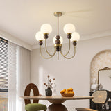 Vintage Brass Wood White Glass Globe 8-Light Chandelier Image - 6