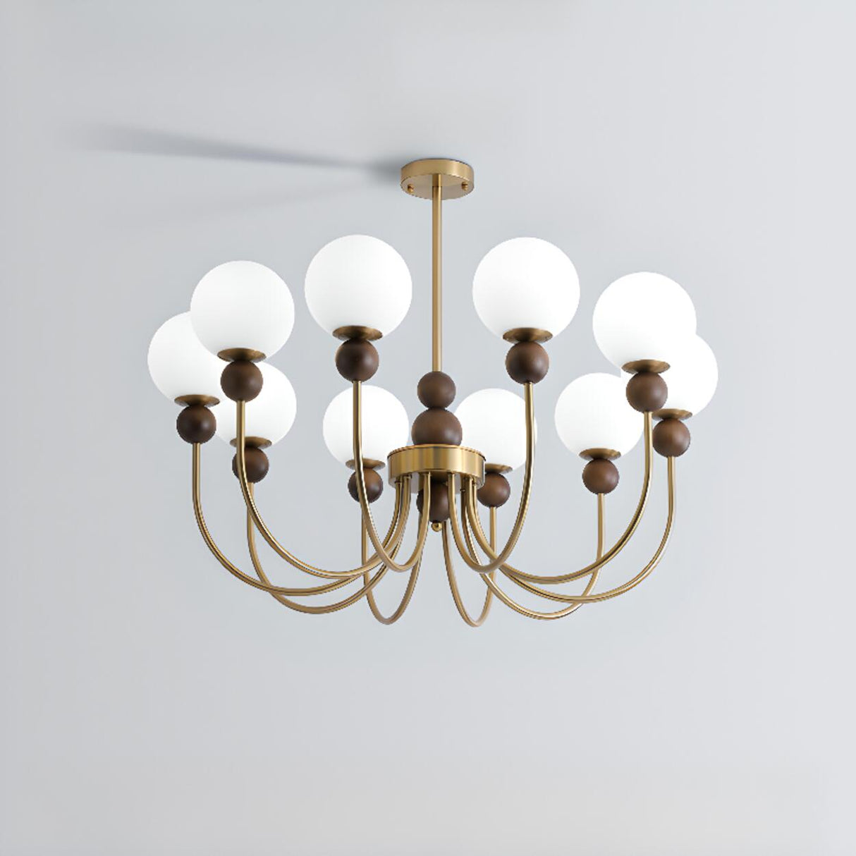 Vintage Brass Wood White Glass Globe 8-Light Chandelier Image - 7