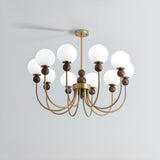 Vintage Brass Wood White Glass Globe 8-Light Chandelier Image - 7