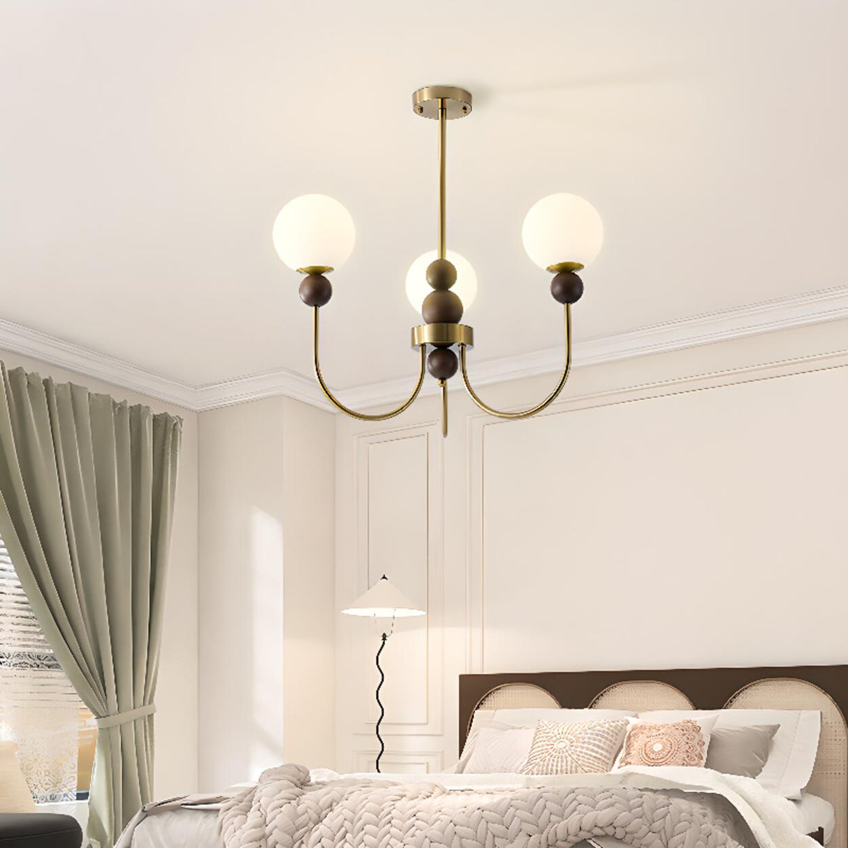 Vintage Brass Wood White Glass Globe 8-Light Chandelier Image - 8