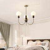 Vintage Brass Wood White Glass Globe 8-Light Chandelier Image - 8