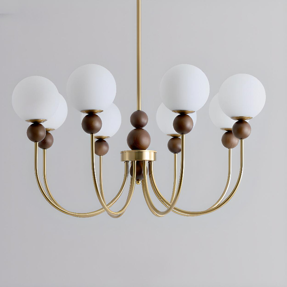 Vintage Brass Wood White Glass Globe 8-Light Chandelier Image - 9
