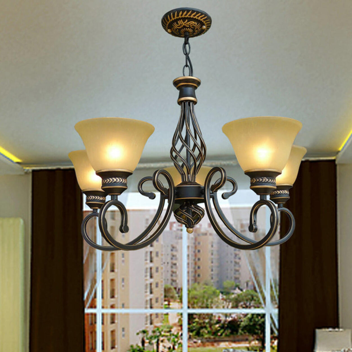 Vintage Bronze Chain Curved Arms Matte Glass Chandelier Image - 4