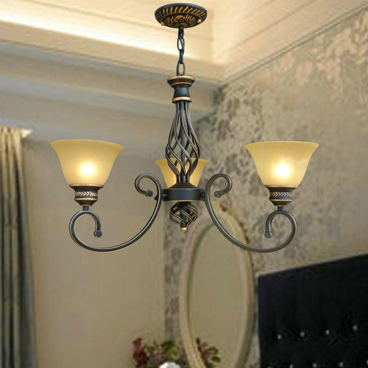 Vintage Bronze Chain Curved Arms Matte Glass Chandelier Image - 8