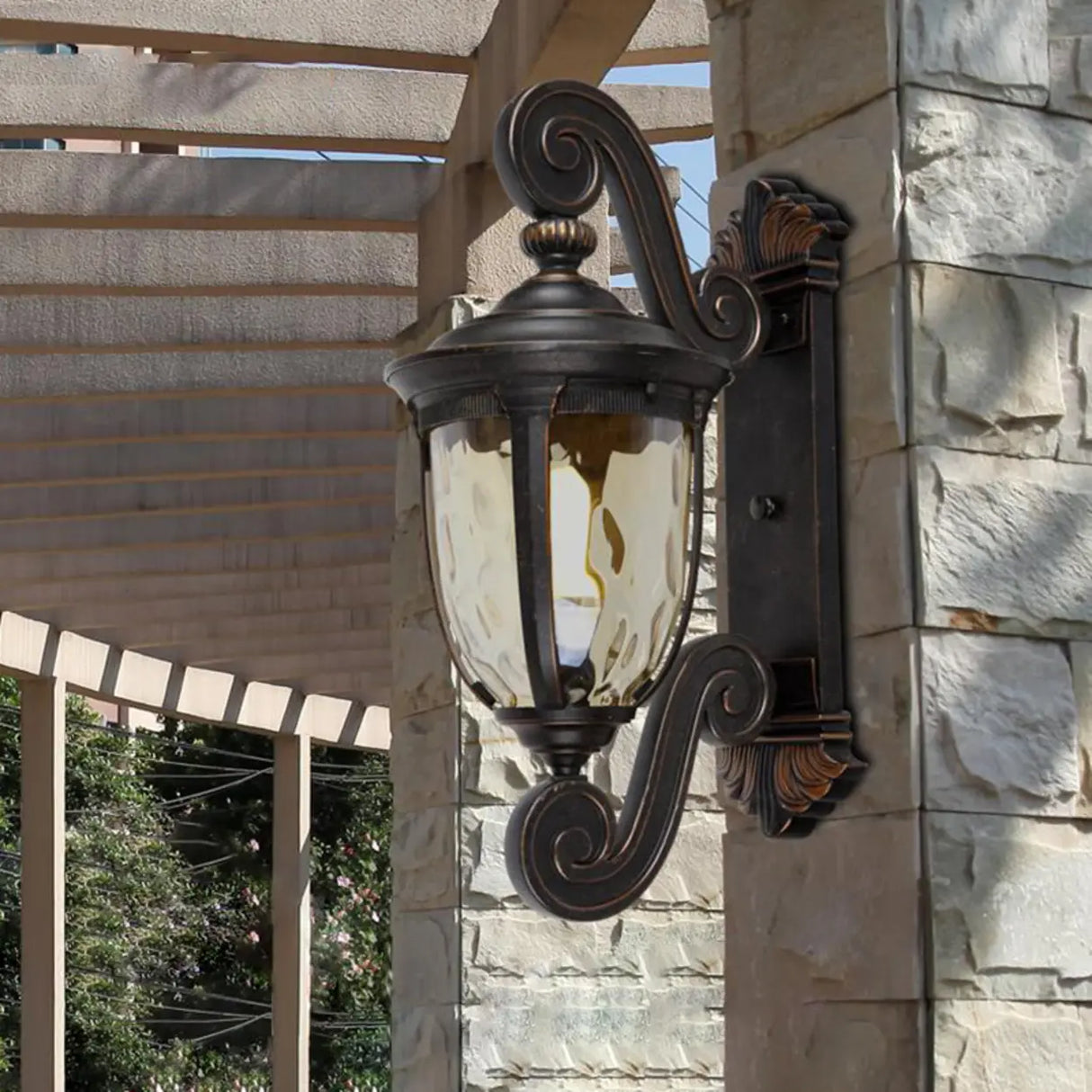 Vintage Bronze Curved Metal Exterior Wall Lantern Light Image - 3